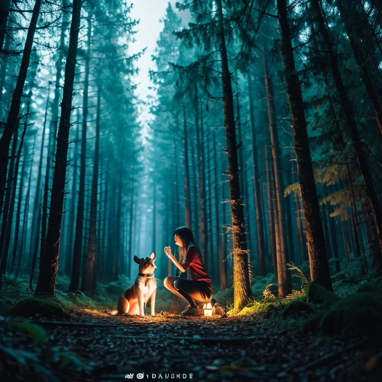 A girl with her dog in the scary forest