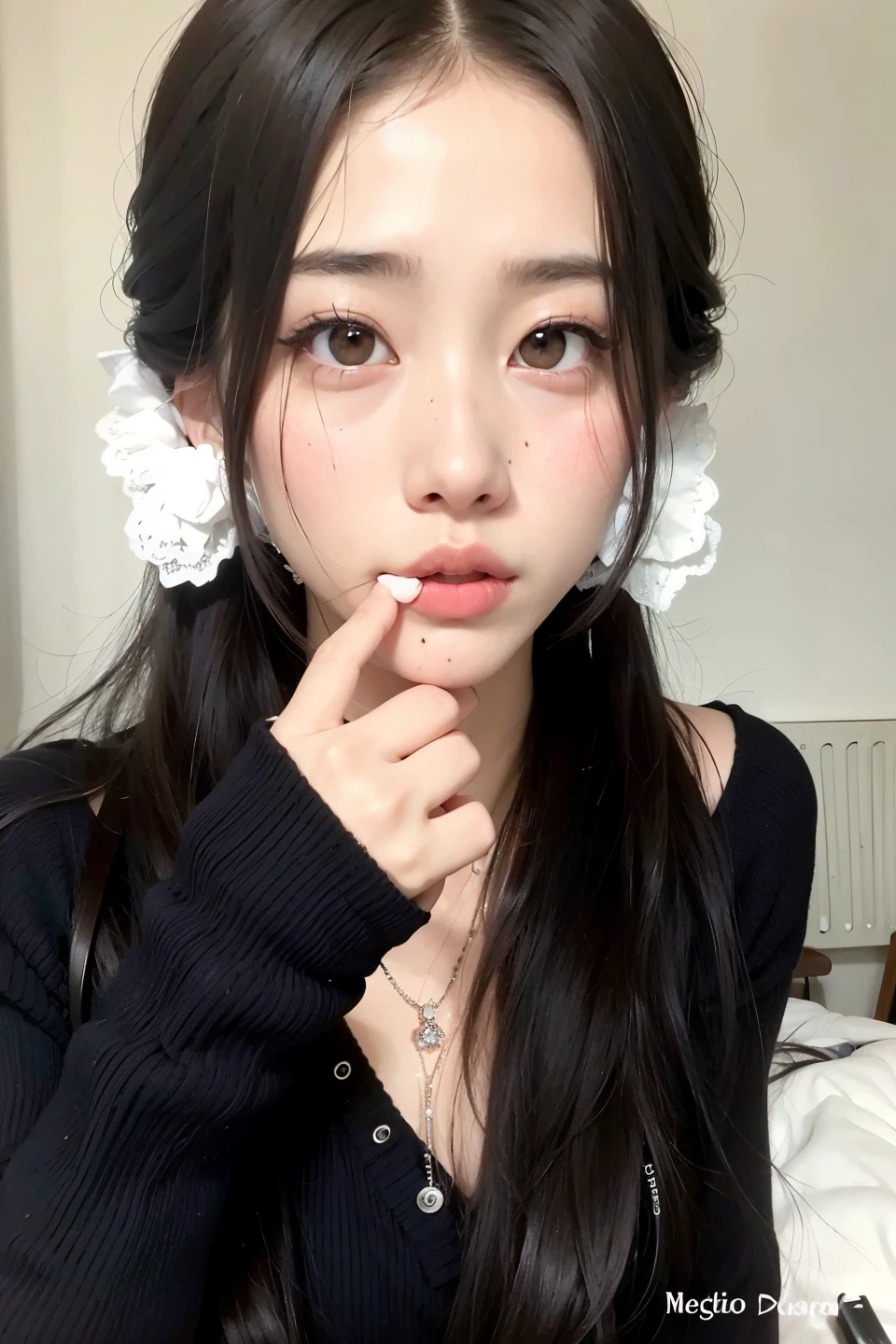 Un primer plano de una mujer con cabello largo y una blusa negra, ulzzang, hermoso rostro estetico, joven y adorable rostro coreano, pale korean adorable face, chica linda-cara-fina, rasgos de la cara coreana, muchacha coreana, pale porcelain white skin, cruel korean gothic girl, cara linda y clara, preciosa cara delicada, maquillaje popular de corea del sur, pale round face