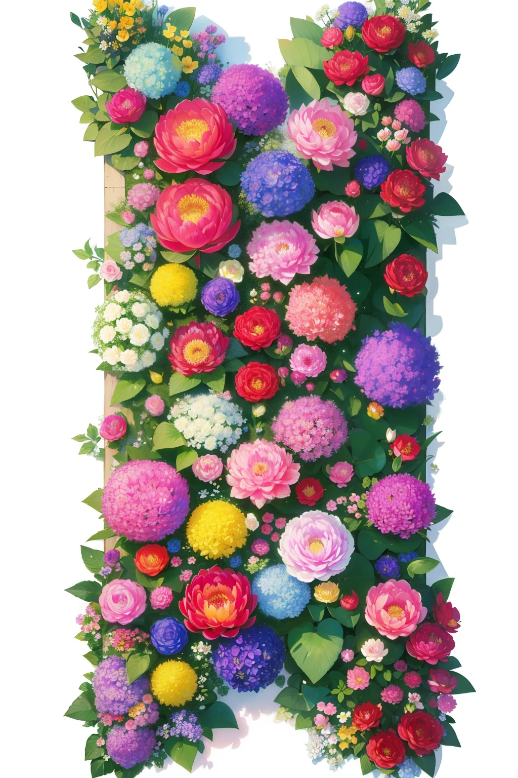 aerial view, birds eye view, looking down on, row of vibrant flowers, colourful flowers, brightly coloured flowers, vibrant and vivid, vibrant hues, japanese flowers, white background, hydrangea, tsubaki, peony, lotus, ceremonial flowers, flower arrangement
