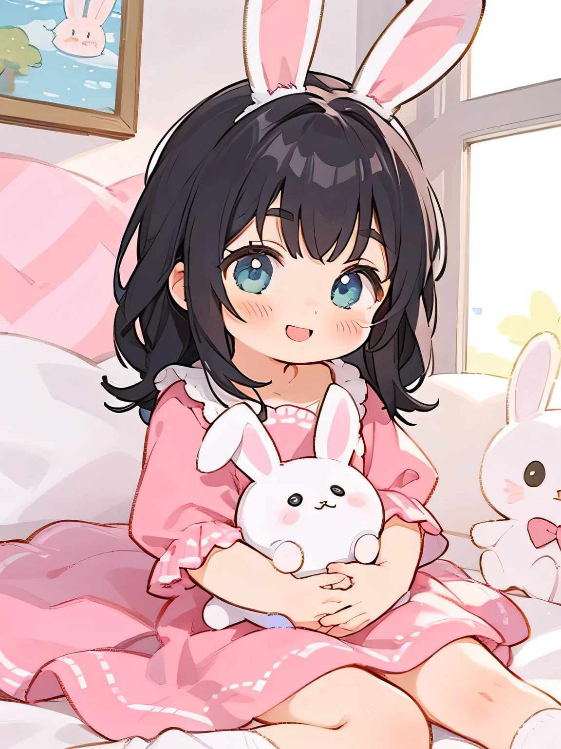 1girl, black hair, messy hair, thick eyebrows,  dress, pink dress, room, messy room, smile, cute plushies, extremely cute, cuteness, softness, messy bed, a big smile, bunny plushies, cat plushies, dog plushies, ribbon, 5 fingers, correct hands