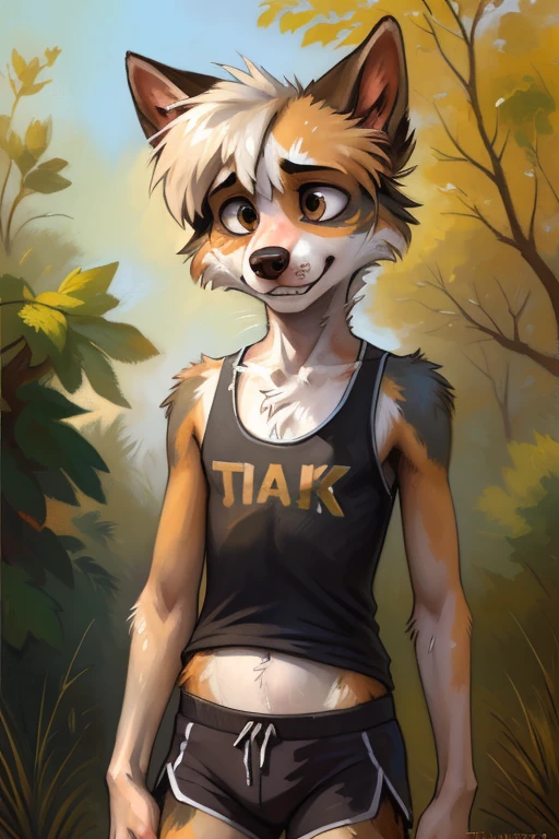 solo, ((Australian shepard)), male, slender, ((twink)), detailed, uploaded to e621, beautiful and detailed portrait of an anthropomorphic boy, short hair, kenket, uploaded to e621, very fluffy detailed fur, ((quivering motion lines)), fluffy tail, (detailed very thick black eye liner), pained expression, gritting teeth, visible breath, pubic hair, ribs and hip bones, (girls track uniform, tanktop), sweaty, damp clothes