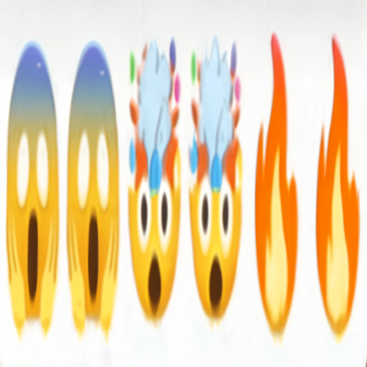 there are many different colored fire objects in a row, discord emoji, fear emoji, twoddle,  pair of twins, sprites, squinty eyes, multiple eyes, style of emoji, two eyes, funny emoji, new emoji of biting your lip, 🐋 as 🐘 as 🤖 as 👽 as 🐳, bloons td 6 dart monkey, emoji