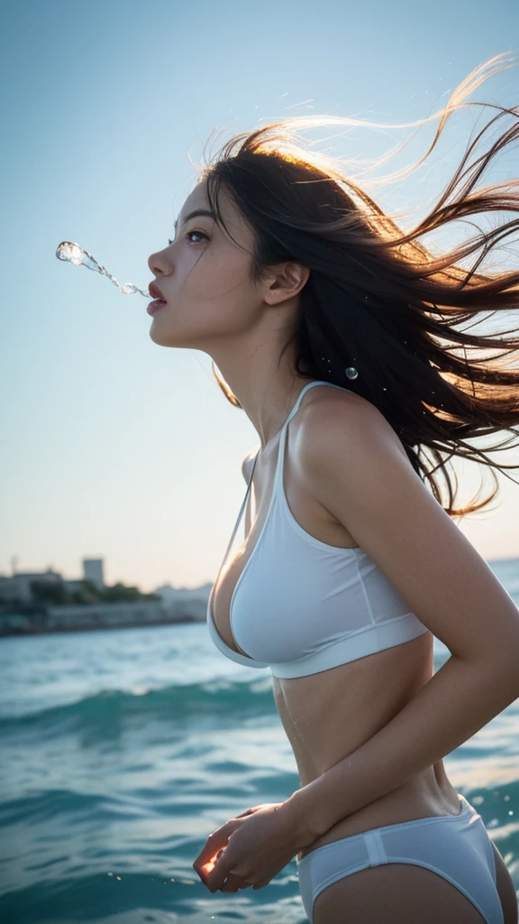 Beautiful girl in a bikini, (8k、raw photography、Highest quality、Masterpiece:1.2)、(realistically、Virtual image:1.37)、very detailed、Ultra high resolution、1 white girl、Beautifully detailed face、big, full breasts, sea、seen from the side、half body、((((Long hair blowing in the wind))))、((((Hair blowing in the wind))))、My hair is fluffy and blown away., hair spread out, Swing me, send light signal、side view, Water splashes in a spiral, Wet hair, Water drops spread out in spirals., squirting
