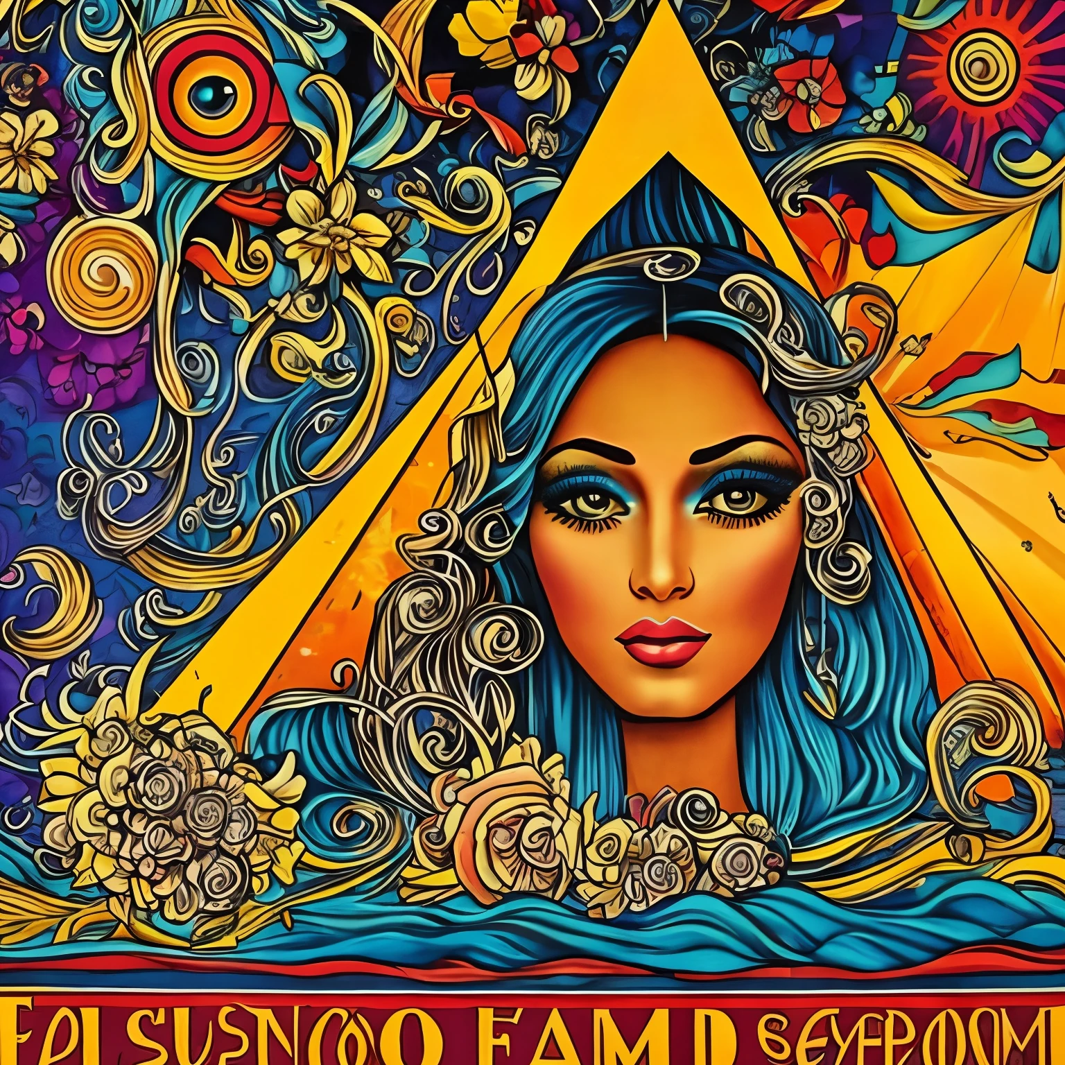 a 1960s filmore east san francisco california psychedelic concert poster with a beautiful woman's face melting in paint and with a pyramid with one eye in the center in the front and mushrooms with fairies sitting and wax melting in paint and letters in style fonts psychedelic experimental surrealist style