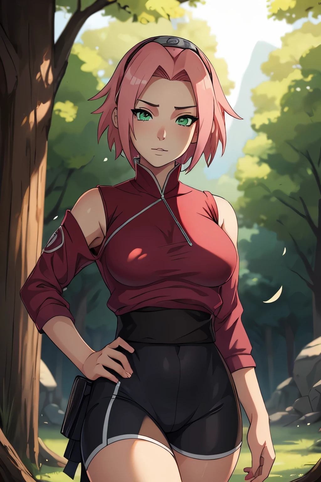 ((ultra quality)), ((masterpiece)), haruno sakuro, naruto, ((pink short hair)), (beautiful cute face), (beautiful female lips), charming, ((sexy facial expression)), looks at the camera, eyes slightly open, (skin color white), (blue skin), glare on the body, ((detailed beautiful female eyes)), ((green eyes)), (juicy female lips), (black eyeliner), (beautiful female hands), ((ideal female figure)), ideal female body, beautiful waist, gorgeous thighs, beautiful small breasts, ((subtle and beautiful)), stands temptingly (close up of face), (sakura haruno clothing, black tight shorts leggings, Hidden Leaf Village shinobi clothing) background: hidden leaf village, naruto shippuden, ((depth of field)), ((high quality clear image)), (clear details), ((high detail)), realistically, professional photo session, ((clear focus)), anime