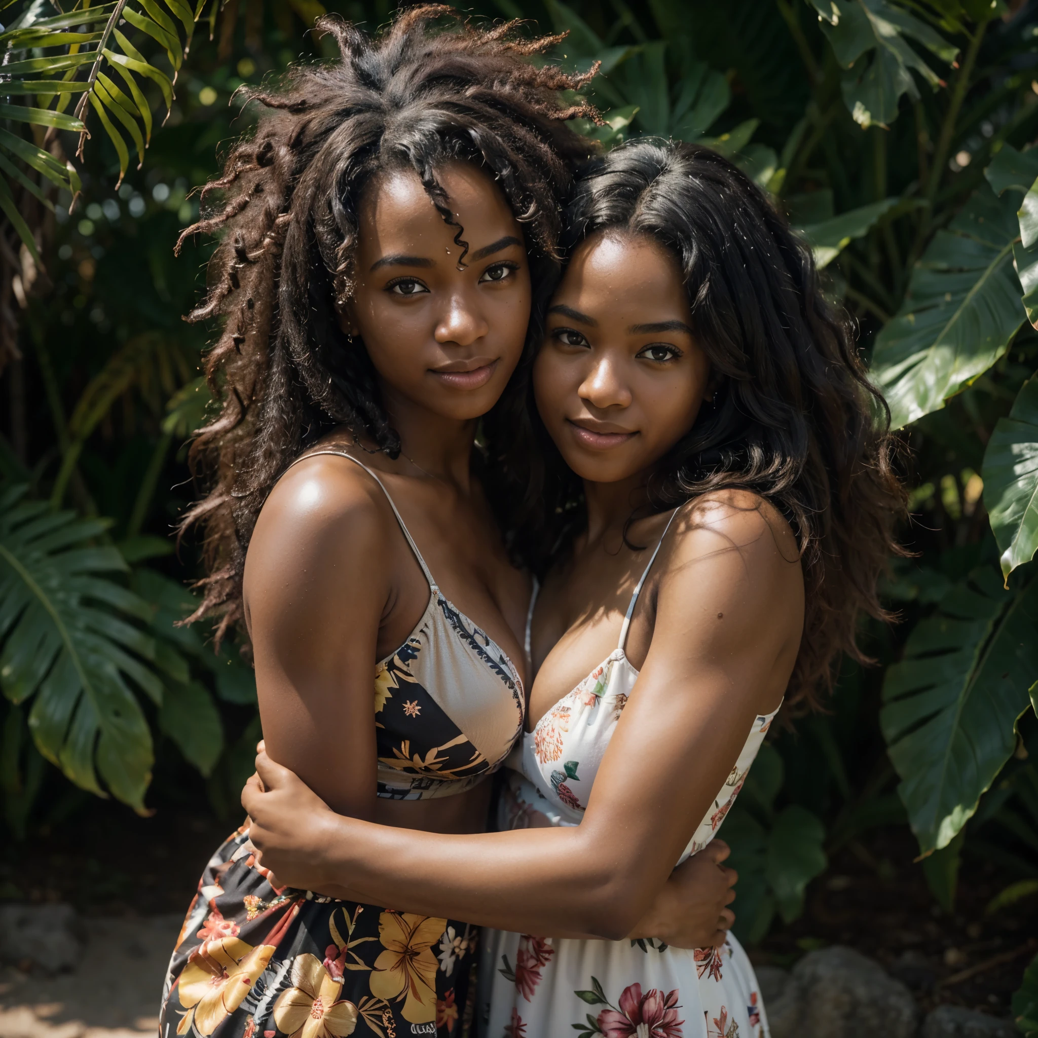 8k, RAW photo, best quality, ultra high resolution, photorealistic, realistic photo of two ebony girls hugging, two dark skin ebony girls, (ebony girl with curly hair), (ebony girl with long afro hair), in the hawaii, hawaii, wearing sundress, smirking, (extremely detailed CG unity 8k wallpaper), 8k uhd, dslr, bright lighting, high quality, film grain, Fujifilm XT3 sharp focus, f 5.6, High Detail, Sharp focus, looking at viewer, (bright light)