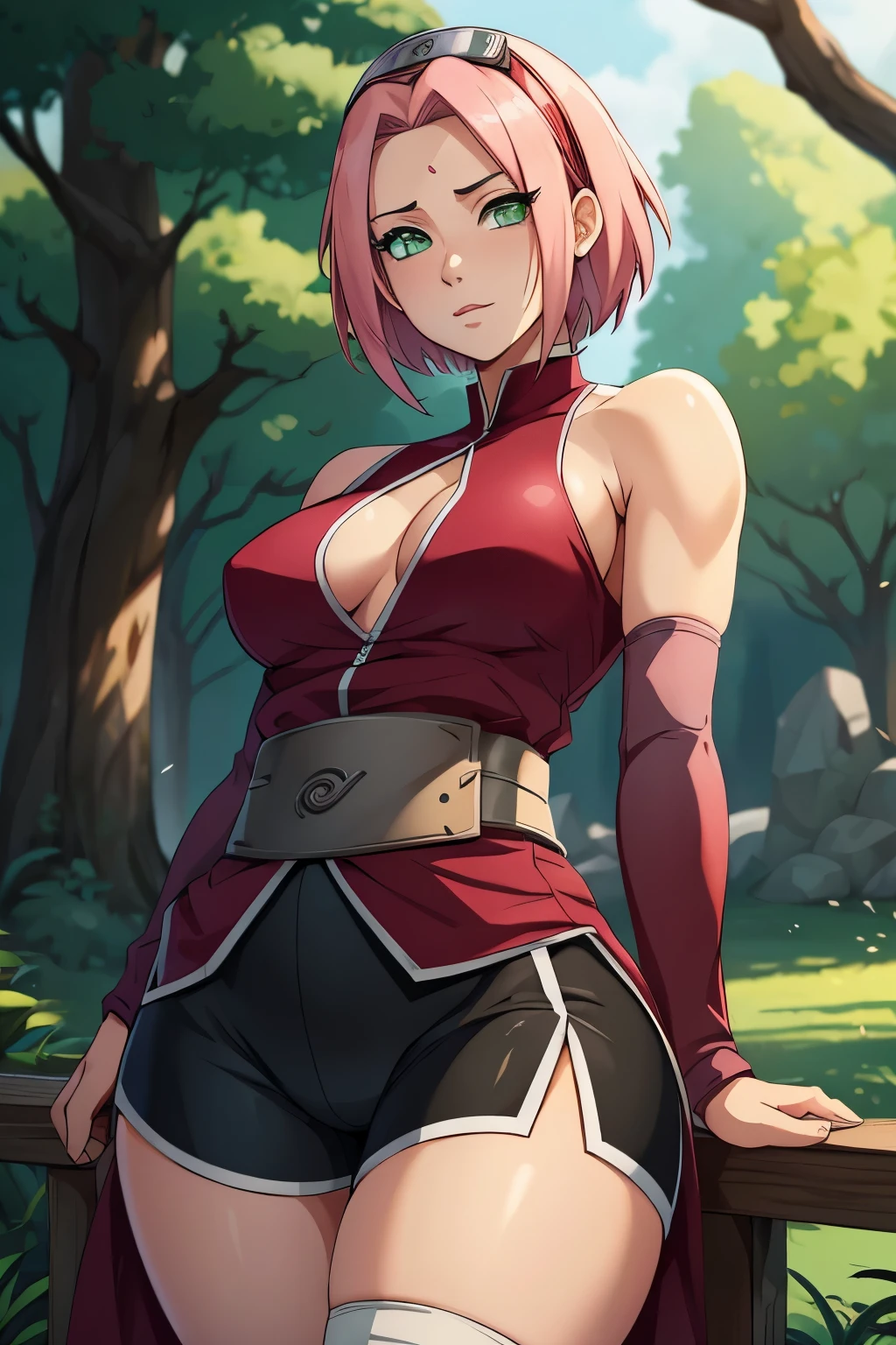 ((ultra quality)), ((masterpiece)), haruno sakuro, naruto, ((pink short hair)), (beautiful cute face), (beautiful female lips), charming, ((sexy facial expression)), looks at the camera, eyes slightly open, (skin color white), (blue skin), glare on the body, ((detailed beautiful female eyes)), ((green eyes)), (juicy female lips), (black eyeliner), (beautiful female hands), ((ideal female figure)), ideal female body, beautiful waist, gorgeous thighs, beautiful small breasts, ((subtle and beautiful)), stands temptingly (close up of face), (sakura haruno clothing, black tight shorts leggings, Hidden Leaf Village shinobi clothing) background: hidden leaf village, naruto shippuden, ((depth of field)), ((high quality clear image)), (clear details), ((high detail)), realistically, professional photo session, ((clear focus)), anime