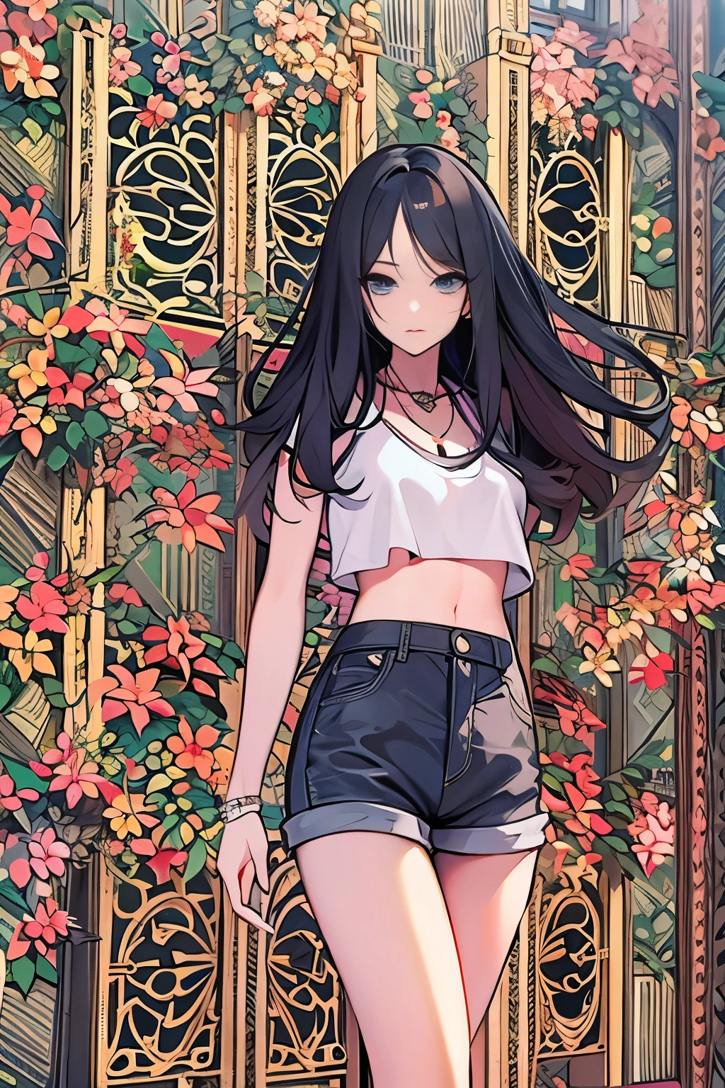 black long straight hair， women，shorts
