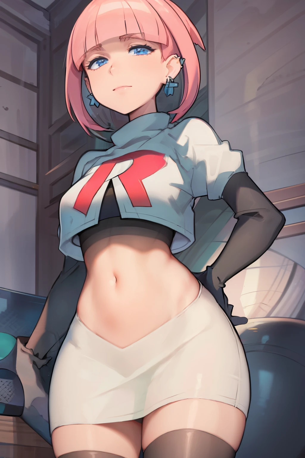 (extremely detailed CG), (best quality), perfect face, shiny skin, lustrous skin, 1girl,solo narrow waist, wide hips, mollie, pink hair, bangs, blunt bangs, earrings, jewelry, blue eyes, short hair, piercing,ear piercing, hairband,team rocket,team rocket uniform,white skirt,red letter R,crop top,black thigh-highs,black elbow gloves,