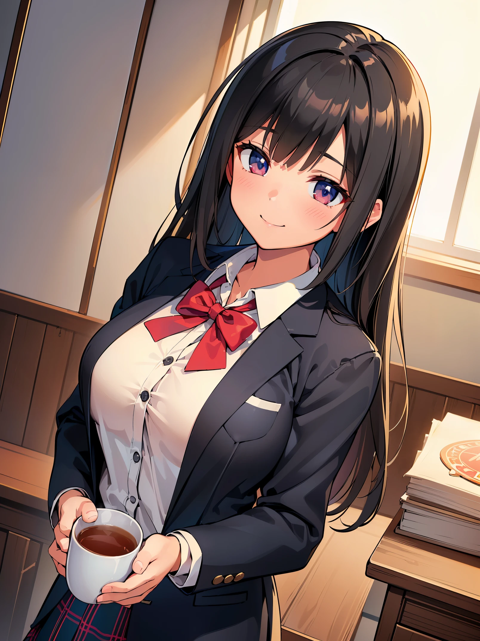 (8K, Live shooting, best quality, muste piece: 1.2), High-definition RAW color photo, professional photography, cinematic light, ((1 female)), solo, (black hair), ((drink tea)), anime girl, drinks energy drink, anime moe art style, blazer, sweater, red ribbon, cute school girl, pink mug in hand, warm, steam is rising, time of peace, Take a breather, (shy smile:1.2), ((in a cute room:1.5)), Upper body close-up shot、(big boobs), 美しくて魅力的なanime girl、(realistic、フォトrealistic、フォトrealistic:1.37), An illustration, warm colors、sharp focus、soft lighting,
