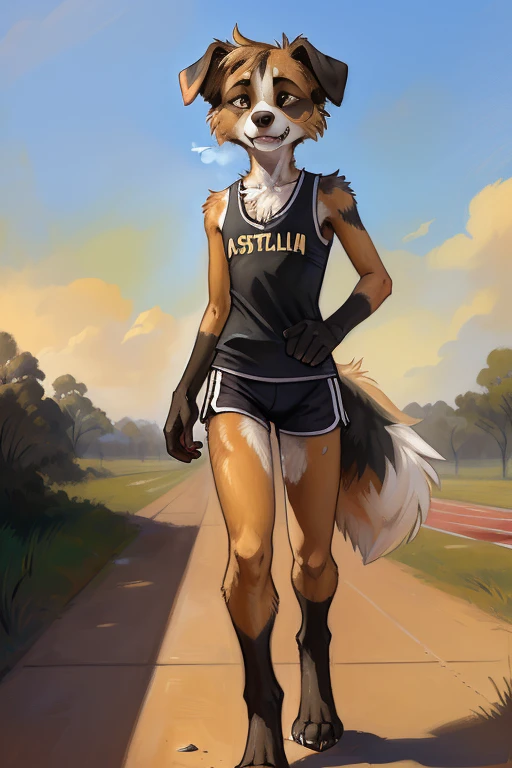 solo, ((Australian shepard)), male, slender, ((twink)), detailed, uploaded to e621, beautiful and detailed portrait of an anthropomorphic boy, short hair, kenket, uploaded to e621, digitigrade legs, very fluffy detailed fur, ((quivering motion lines)), fluffy tail, (detailed very thick black eye liner), pained expression, gritting teeth, visible breath, pubic hair, ribs and hip bones, (girls track uniform, tanktop), sweaty, damp clothes, running track,