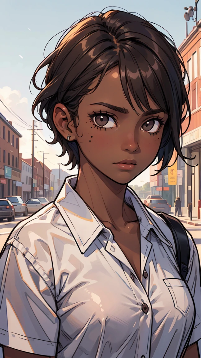 1 girl, (dark brown skin tone:1.4), very short hair, black eyes colour, mole down the right eye, School girl outfit, Cold expression, depressed, dominant aura, (high quality, masterpiece, extremely detailed:1.2), (Realistic, photorealistic:1.2)