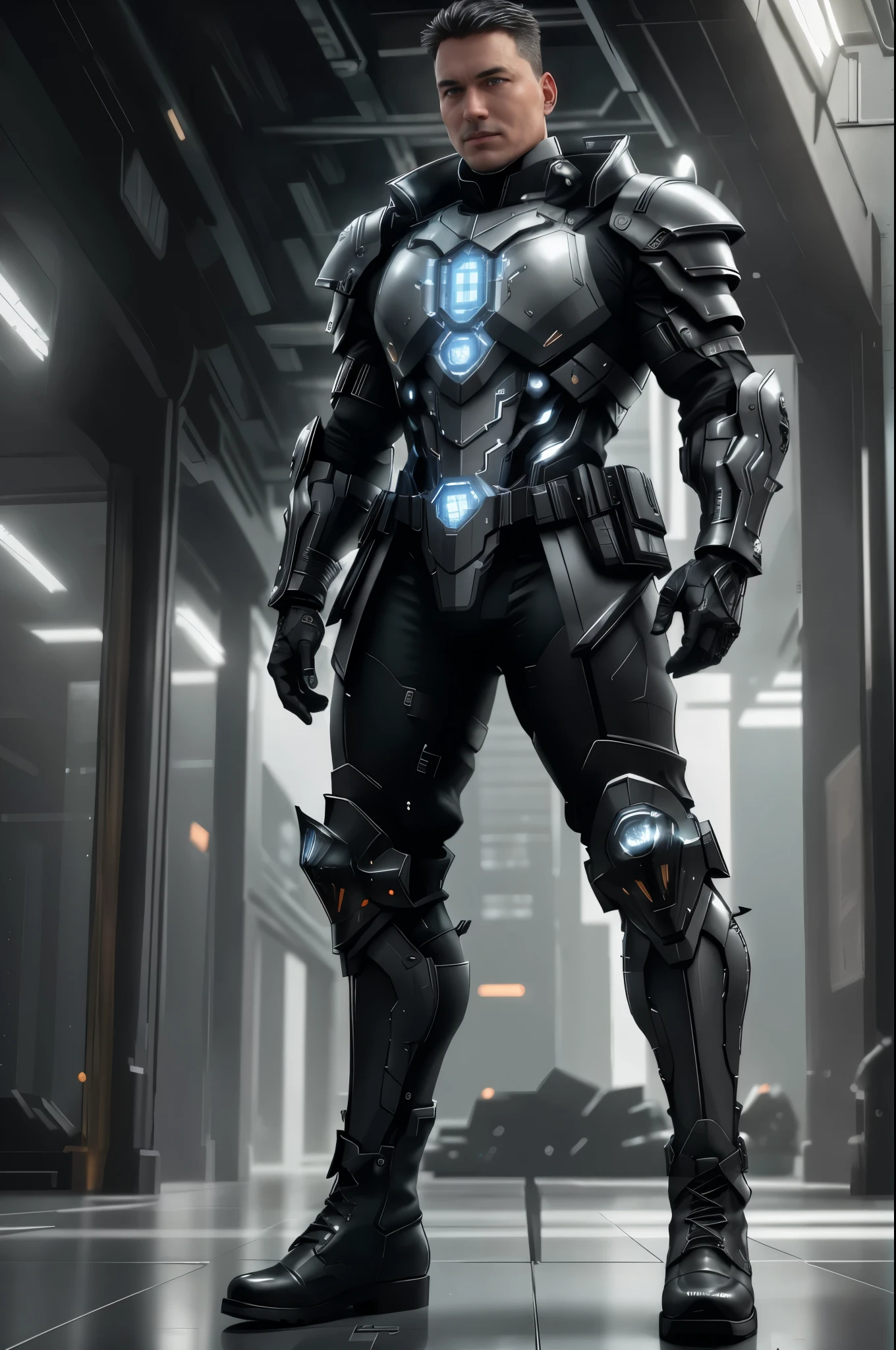 (Best Quality, 8K, Masterpiece, Ultra HD: 1.3, Ultra quality cinematic lighting, Huge detail, Well lit, 35mm, sharp, hyper realistic, epic scale, insane level of details), 1man, a futuristic-looking male military commander, (looking to the camera), photo of (large men) with very short black hair and (wide round face), very detailed realistic face, very detailed realistic eyes, (((face lit well))), face focus, (no helmet:1.5), wearing a pair of (iron grey gloves) and (black military boots), dressed in (grey armor without helmet), standing in cyberpunk city