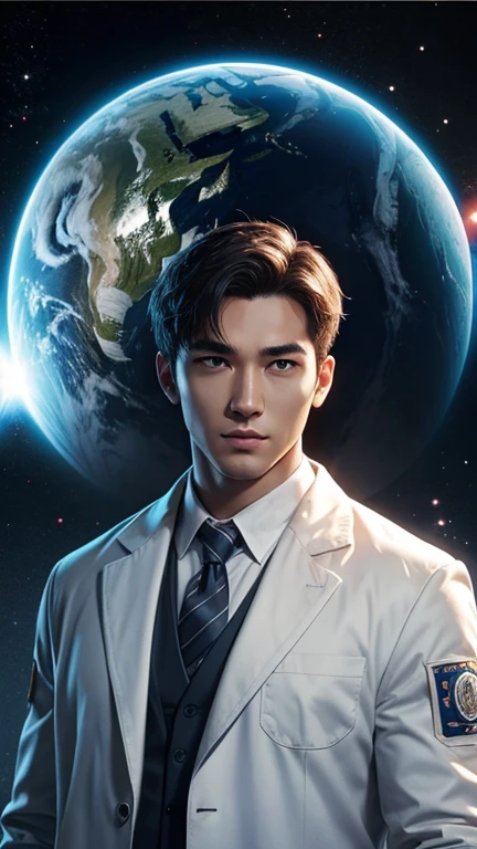 intelligent and handsome protagonist、person wearing scientist'white coat、alone、There are also researchers、There are scientists、graduate school、Upper body、highest quality、masterpiece、ultra high resolution、(Photoreal:1.4)、game poster