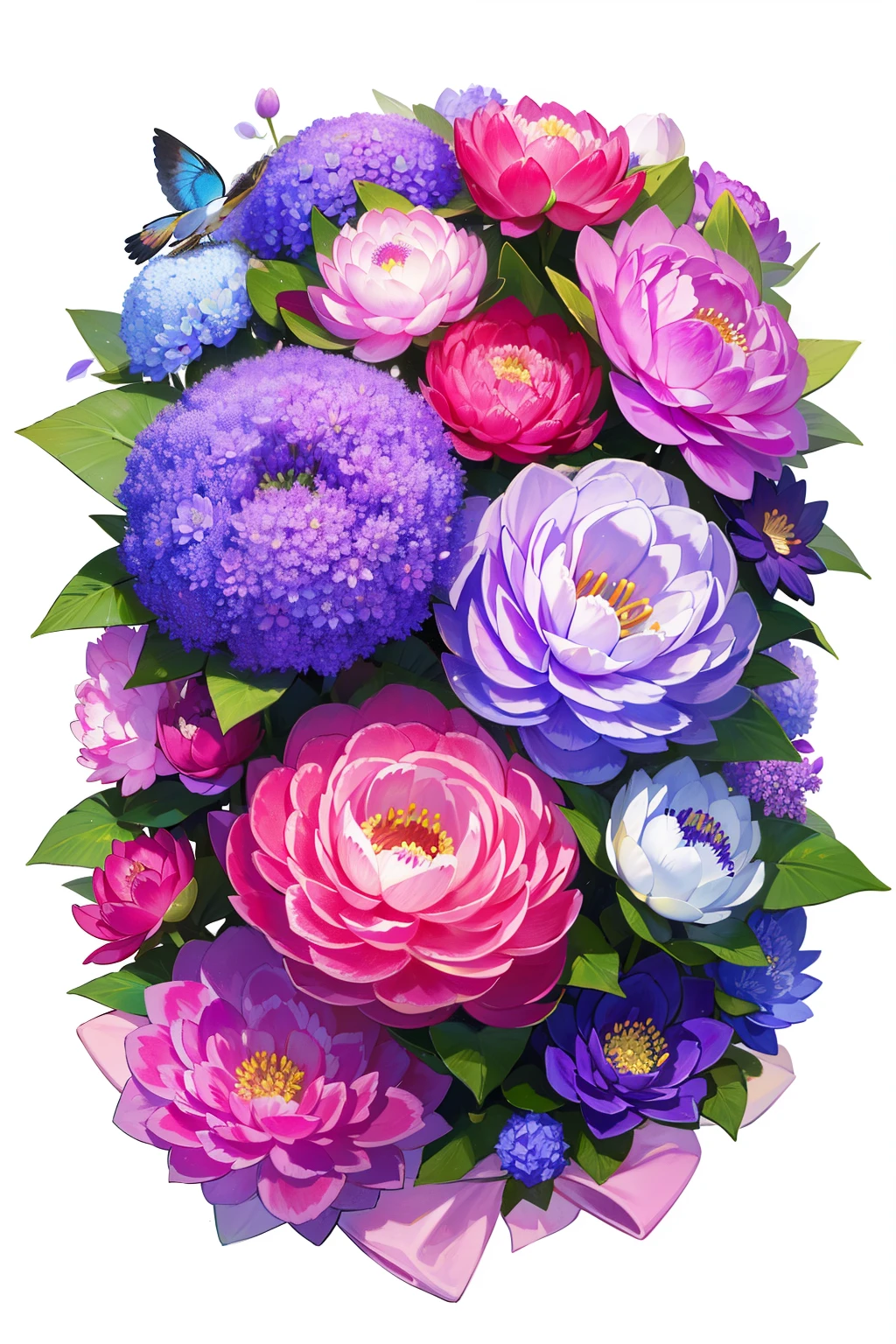 aerial view, birds eye view, looking down on, row of vibrant flowers, colourful flowers, brightly coloured flowers, vibrant and vivid, vibrant hues, japanese flowers, white background, hydrangea, tsubaki, peony, lotus, sumire, lavender, Kinmokusei, ceremonial flowers, flower arrangement
