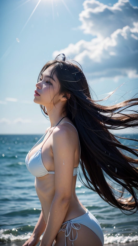 Beautiful girl in a bikini, (8k、raw photography、Highest quality、Masterpiece:1.2)、(realistically、Virtual image:1.37)、very detailed、Ultra high resolution、1 white girl、Beautifully detailed face、big, full breasts, sea、seen from the side、half body、((((Long hair blowing in the wind))))、((((Hair blowing in the wind))))、My hair is fluffy and blown away., hair spread out, Swing me, send light signal、side view, Water splashes in a spiral, Wet hair, Water drops spread out in spirals., Water splashed through the hair.
