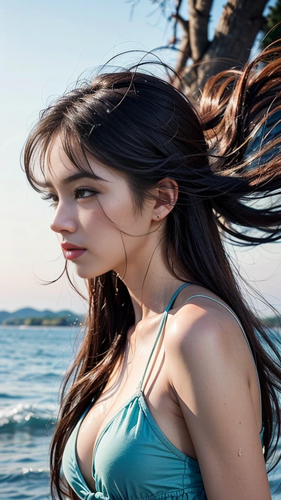 Beautiful girl in a bikini, (8k、raw photography、Highest quality、Masterpiece:1.2)、(realistically、Virtual image:1.37)、very detailed、Ultra high resolution、1 white girl、Beautifully detailed face、big, full breasts, sea、seen from the side、half body、((((Long hair blowing in the wind))))、((((Hair blowing in the wind))))、My hair is fluffy and blown away., hair spread out, Swing me, send light signal、side view, Water splashes in a spiral, Wet hair, Water drops spread out in spirals., Water splashed through the hair.