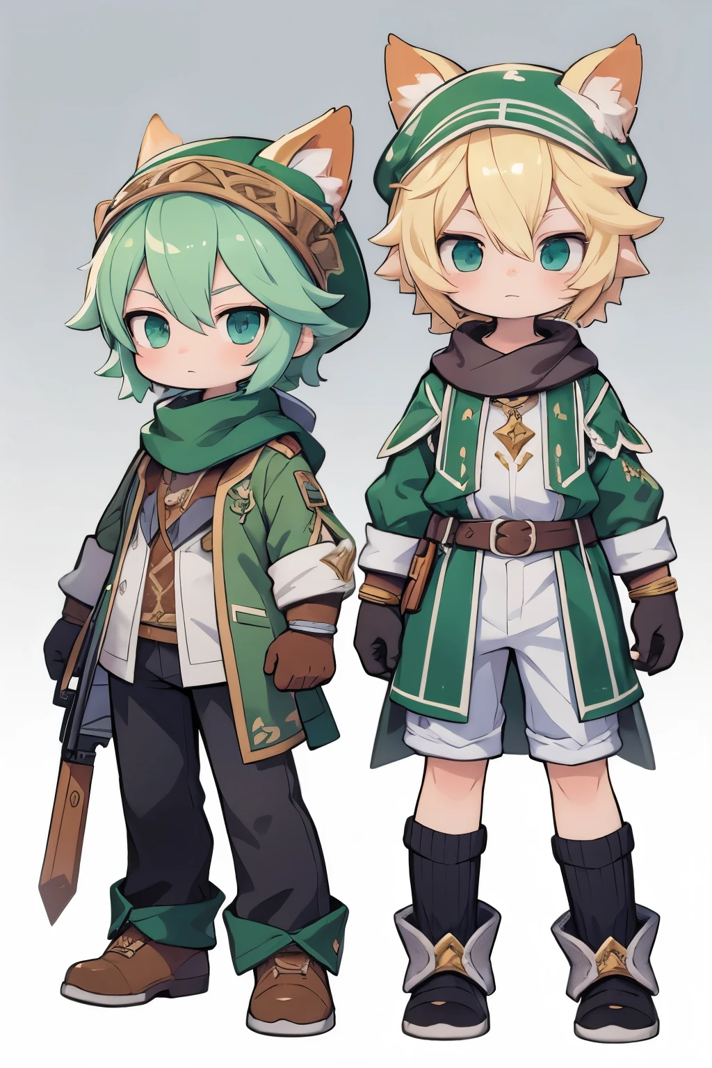 Back, Head Scratching, Anime Character in Brown Hat and Gloves and Green Scarf, Single, Standing Painting, Art Style of Rune Factory 5, Character Art of Maple Story, Larrafael, Rune Factory 5, Cute Character, ((Character Concept Art)), Maple Story Gun Boy, Equip Aurora, Style of Maple Story, Character Tame, Male Explorer Mini Cute Boy, Official Character Art, Clear Costume Design