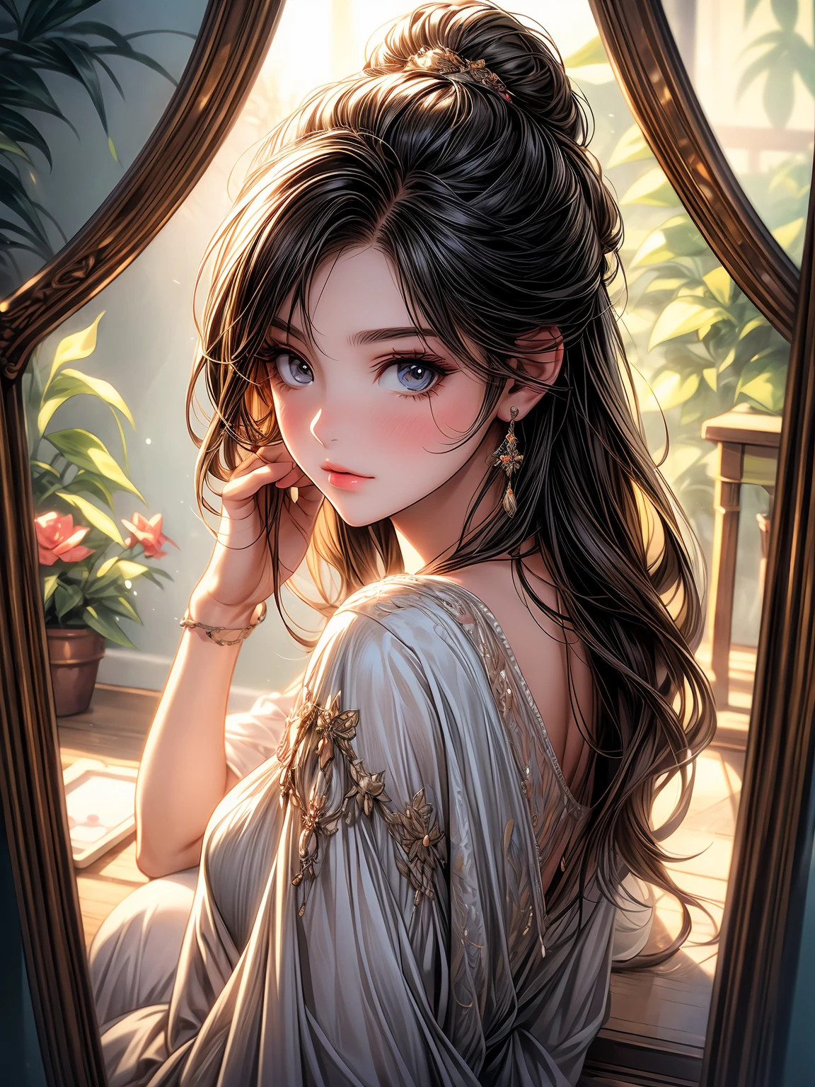 In a dreamy flat illustration, the sterpiece:1.2 depicts an overhead shot of a girl sitting in front of a mirror. The scene is bathed in the warm sunlight, creating a bokeh light effect that adds an ethereal touch. The girl, with her black hair cascading over her shoulder, is intensely focused on putting on her makeup. Her beautiful detailed eyes reflect her concentration as she carefully applies her makeup, highlighting her delicate features. The bright color palette used in this artwork captures the vibrant and lively atmosphere.
The illustration showcases the artist's attention to detail, with ultra-detailed brush strokes emphasizing the girl's intricate facial features and the mirror's reflective surface. The use of realistic, photorealistic:1.37 techniques adds depth and dimension to the artwork, making it visually stunning. The girl's expression radiates confidence and determination, embodying the spirit of self-expression and beauty.
In the background, a whimsical garden can be seen through the mirror, adding an element of fantasy to the scene. Lush greenery, colorful flowers, and butterflies create a vibrant ambiance that complements the girl's artistic endeavor. The composition and layout of the artwork give it a balanced and harmonious feel, drawing the viewer's attention to the girl's transformation process.
The flat illustration style used in this artwork brings a unique and modern touch to the traditional theme of putting on makeup. The artist's choice of a bright color palette enhances the dreamy atmosphere, emphasizing the girl's vibrant personality and creativity. The lighting, with its warm and soft tones, creates a soothing and inviting mood, inviting the viewer to immerse themselves in the artwork.
Overall, this vivid and captivating artwork beautifully captures the transformative experience of a girl putting on makeup. The combination of the flat illustration style, dreamy atmosphere, bokeh light effect, and overhead shot perspective creates a visually stunning and emotionally engaging piece of art.