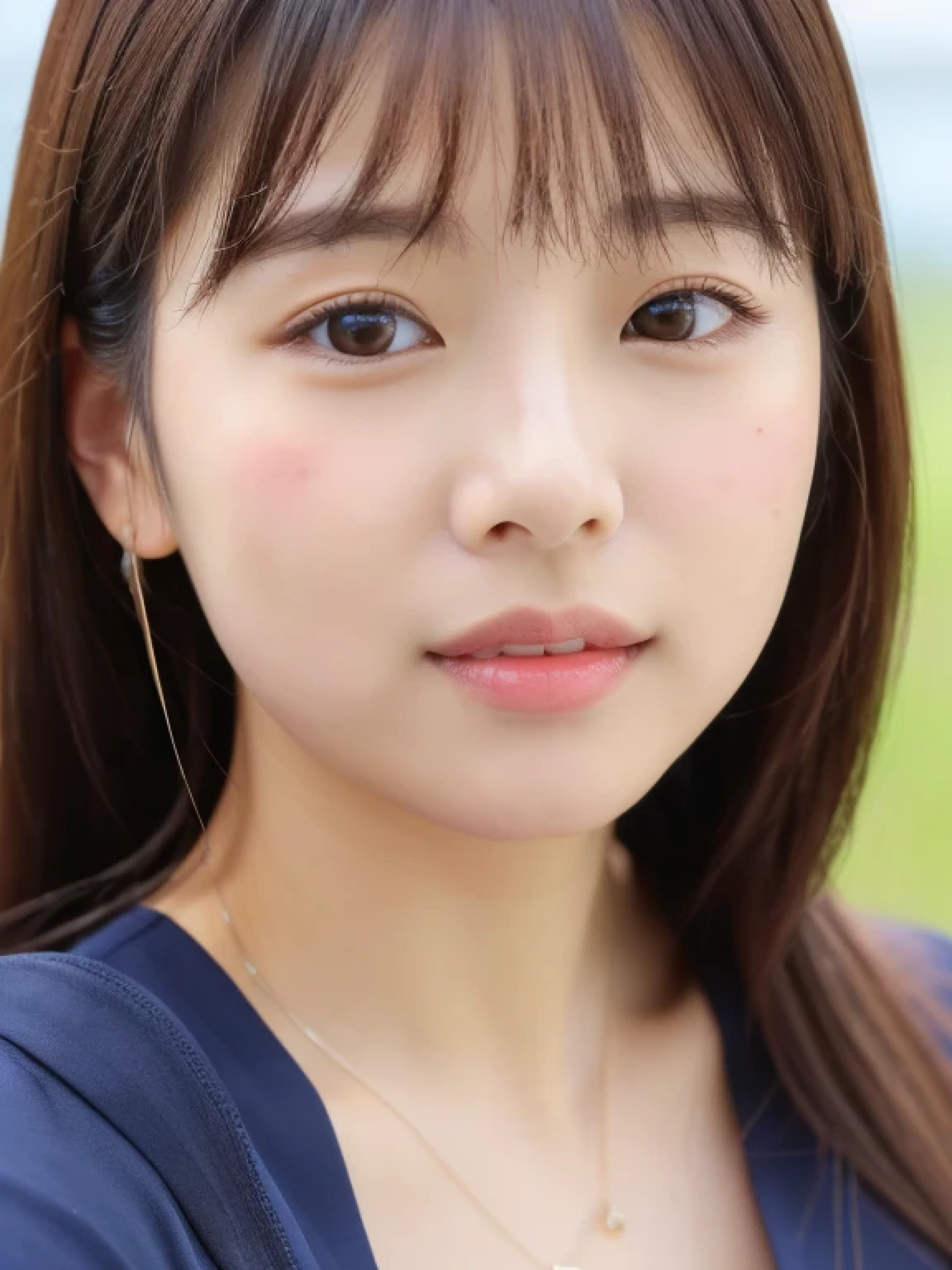 ((cute日本の女の子、beautiful japanese girl、1 girl、clear、19 years old、ponytail、Highly detailed face and skin texture、refinement、super detailed face、highly detailed eyes、Lee Hong、blush、cheek、ピンクのcheekを塗ったcheek、close-up of woman、Breast augmentation、 frontを向いている顔、frontを向いている体、look at the camera、front、cute、smooth white skin、Transparent skin texture、))、(dark brown hair、bangs)、beautiful woman with perfect style：1.4、japanese model、young gravure idol、若いcuteグラビアアイドル、Realistic young gravure idol、refinementされたグラビアアイドル、((highest quality、8K、masterpiece:1.3、１photograph))、(4K、RAWphotograph、highest quality)、(realistic、フォトrealistic:1.37)、Place someone on the other side of the screen、Natural light、upper body and head、