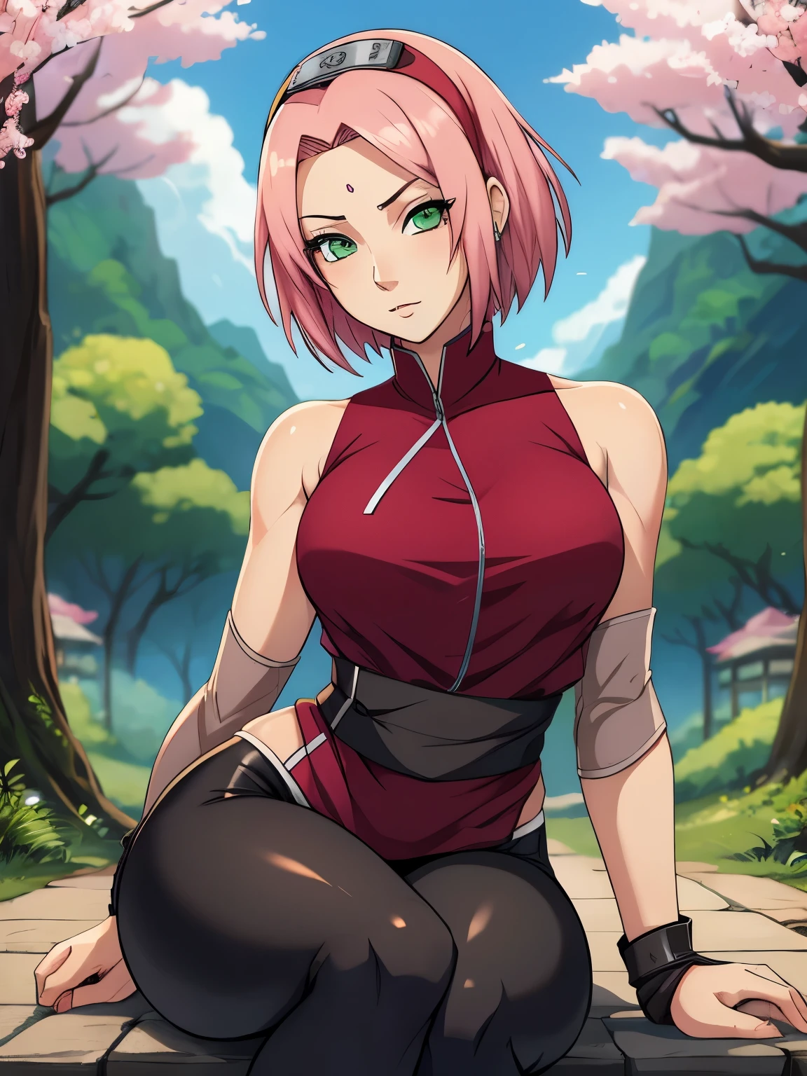 ((ultra quality)), ((masterpiece)), haruno sakuro, naruto, ((pink short hair)), (beautiful cute face), (beautiful female lips), charming, ((sexy facial expression)), looks at the camera, eyes slightly open, (skin color white), (blue skin), glare on the body, ((detailed beautiful female eyes)), ((green eyes)), (juicy female lips), (black eyeliner), (beautiful female hands), ((ideal female figure)), ideal female body, beautiful waist, gorgeous thighs, beautiful small breasts, ((subtle and beautiful)), seductively sits (close up of face), (sakura haruno clothing, black tight shorts leggings, Hidden Leaf Village shinobi clothing) background: hidden leaf village, naruto shippuden, ((depth of field)), ((high quality clear image)), (clear details), ((high detail)), realistically, professional photo session, ((clear focus)), anime