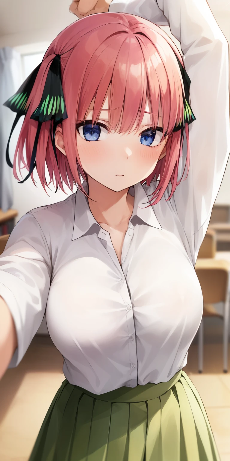 High resolution, Nakano Nino,1 girl,pink hair,short hair,butterfly hair ornament, Ronhar,green skirt,white shirt,shirt with collar,Open your clothes,plump thighs, extra limb,extra digit,fewer digit, breast focus, whole body,Looking at Viewer,classroom, sunlight, embarrassed, medium breasts,(stretching①),(((stretching②)))