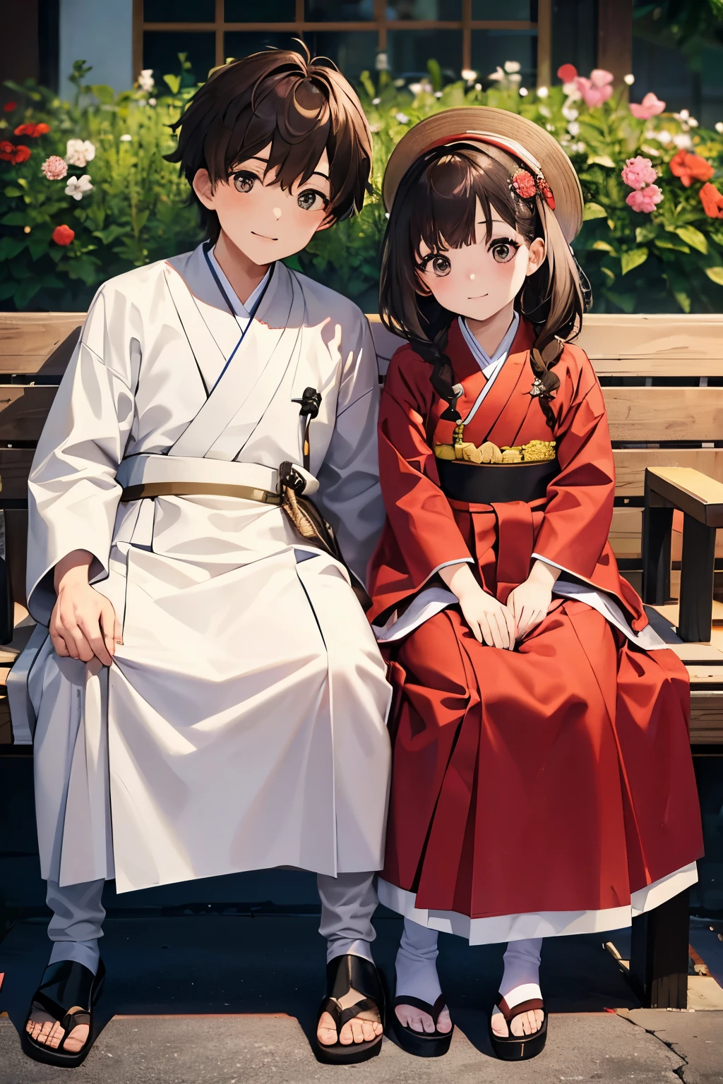 couple, (??? 1.3), happy, brown hair, whole body, korean hanbok