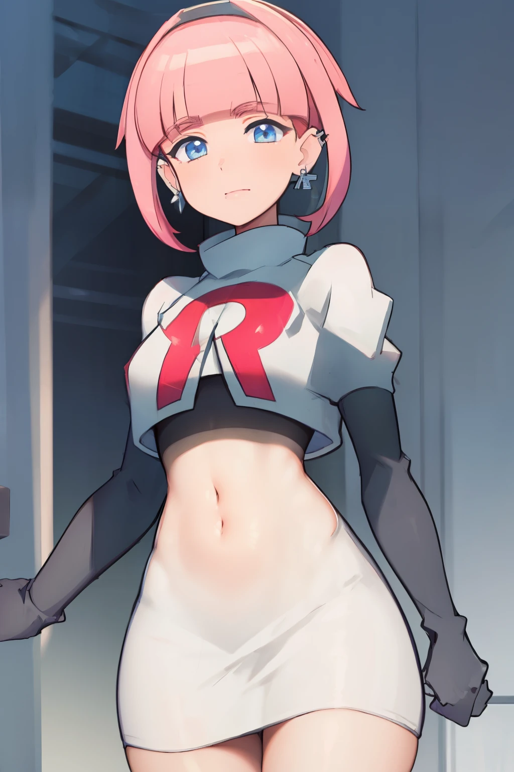 (extremely detailed CG), (best quality), perfect face, shiny skin, lustrous skin, 1girl,solo   narrow waist,  wide hips, mollie, pink hair, bangs, blunt bangs, earrings, jewelry, blue eyes, short hair, piercing,ear piercing, hairband,team rocket,team rocket uniform,white skirt,red letter R,crop top,black thigh-highs,black elbow gloves,