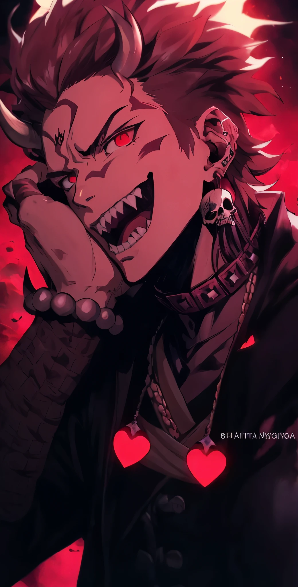 masterpiece, best quality, solo, RyomenSukuna, 1man, jacket, ((cargo, black cargo pants)), boots, shaded face, closed mouth, animal skull, holding skull, sitting, blood, red theme, <lora:RyomenSukuna001:0.6>