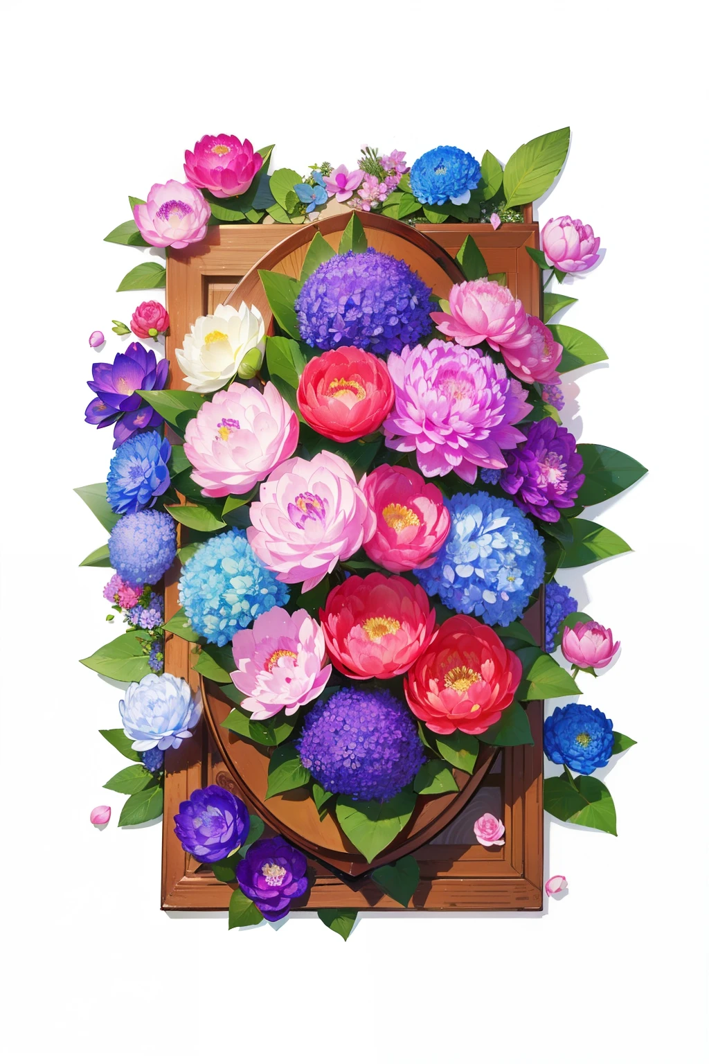 aerial view, birds eye view, looking down on, row of vibrant flowers, colourful flowers, brightly coloured flowers, vibrant and vivid, vibrant hues, japanese flowers, white background, hydrangea, tsubaki, peony, lotus, sumire, lavender, Kinmokusei, ceremonial flowers, flower arrangement
