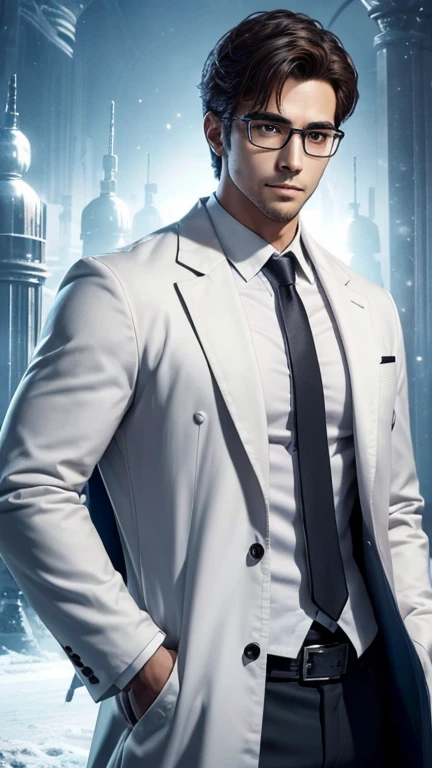 handsome hero with glasses、white coat worn by scientists、alone、There are also researchers、There are scientists、graduate school、Upper body、highest quality、masterpiece、ultra high resolution、(Photoreal:1.4)、game poster