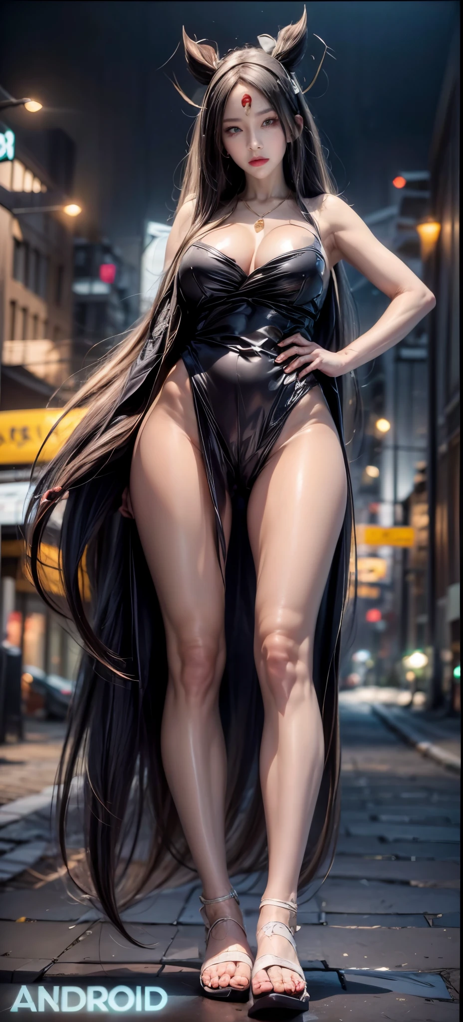 realistic, 1 women, best quality, 12k, HD, long hair, big round breasts, cleavage, ponytail, necklace, jewelry, shorts, short jacket, slim hips, hair tie, yellow eyes, black hair, super detailed, Eye details, hair details, person details, mouth details, face details, breast details, clothes details, hair details, pants details, hand details, whole body