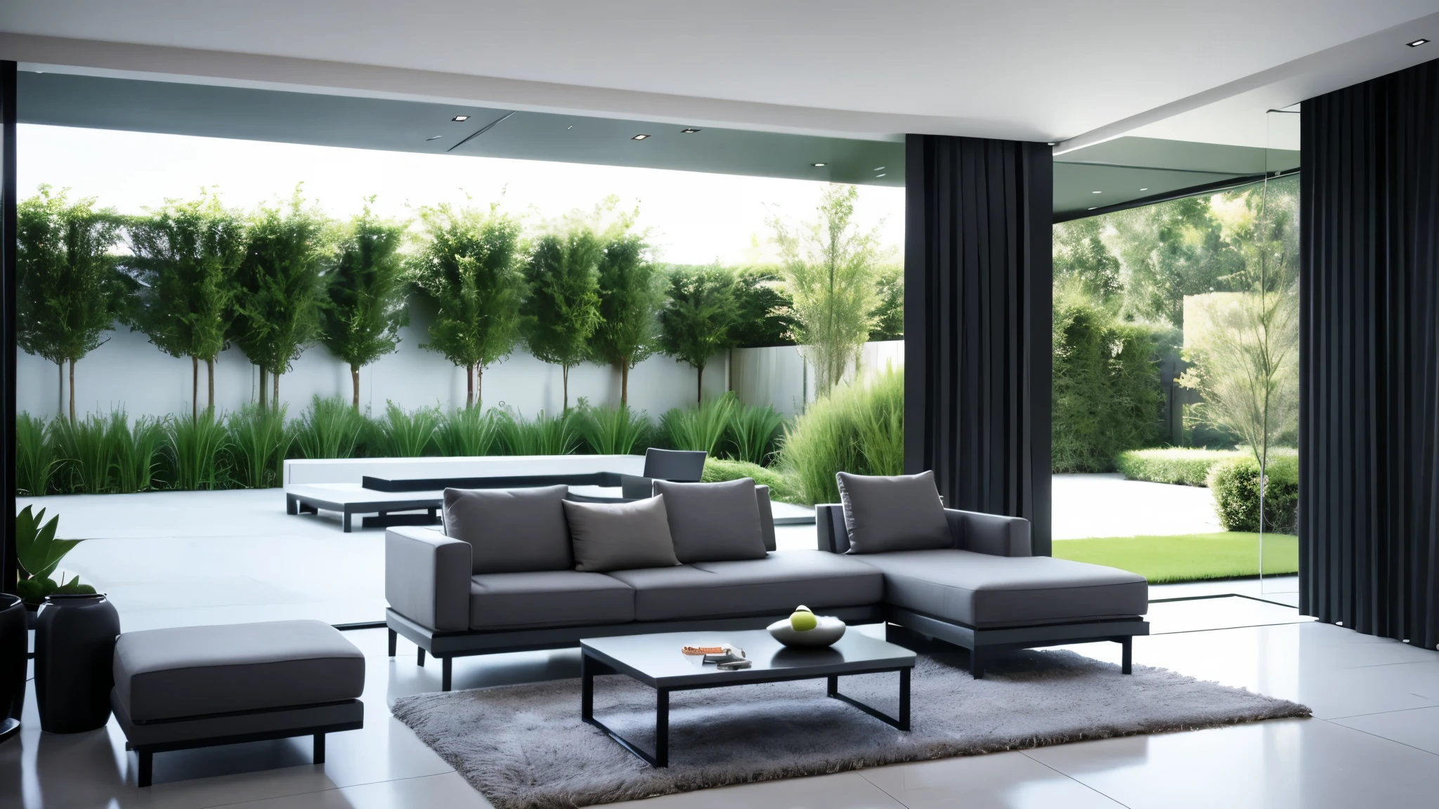 You are a famous interior designer、You have been asked to create a 3D image of a modern large room. Create a harmonious environment with modern and minimalist furniture. Including garden interior.