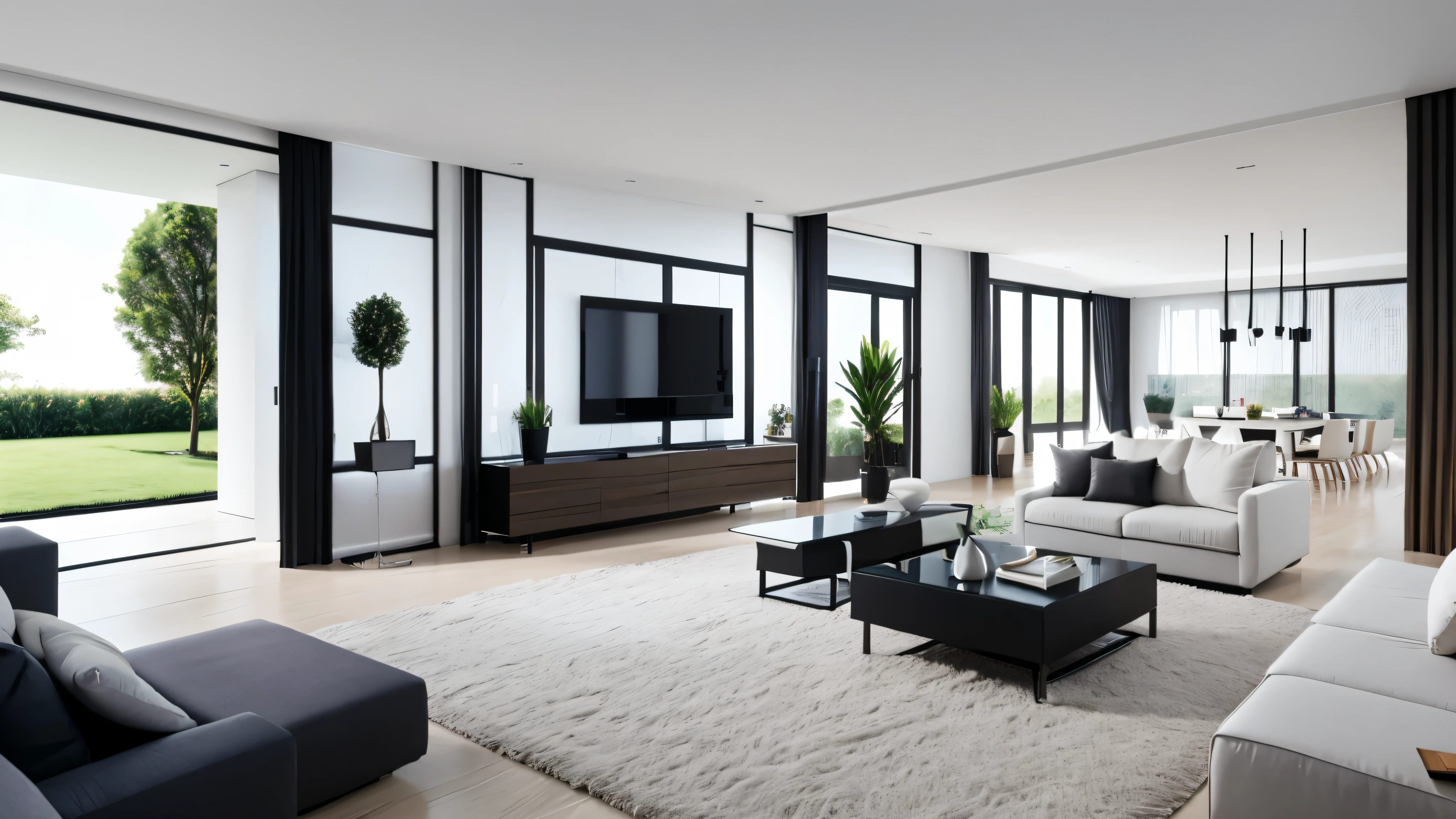 You are a famous interior designer、You have been asked to create a 3D image of a modern large room. Create a harmonious environment with modern and minimalist furniture. Including garden interior.