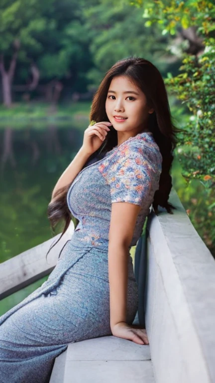 Kneeling in a lotus pond, lots and lots of lotus flowers, art depicts a charming woman in a flowing, Myanmar Outfit in pink, decorated with intricate patterns and bright colors. Her dress drapes elegantly over her curvy figure, accentuating her seductive silhouette. She knelt gracefully by the tranquil lotus lake, bathed in the soft glow of the moonlight. The scene exudes an ethereal and dreamy atmosphere, with a touch of mystery and sexiness. The graphic style blends watercolor and digital illustration techniques to evoke a refined beauty and charm. The lights are filled with soft moonlight, casting soft highlights and shadows on her charming features. Bare thighs, wearing tight translucent pants, big breasts, three-dimensional facial features, kneeling, upturned legs, side braids, 2 hands, 2 legs