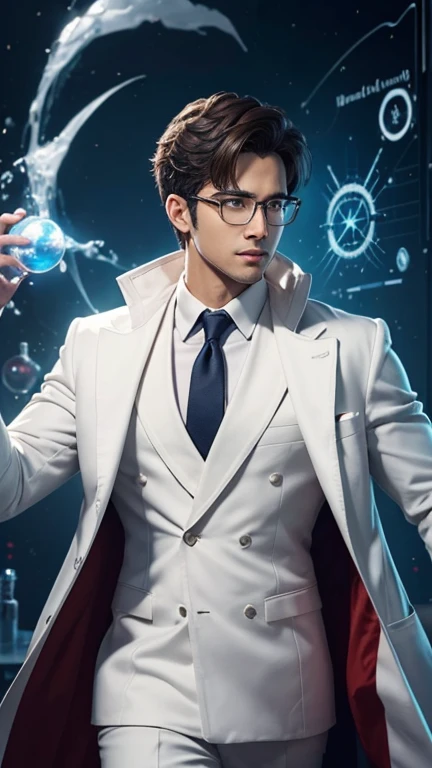 handsome hero with glasses、white coat worn by scientists、alone、There are also researchers、There are scientists、graduate school、Upper body、highest quality、masterpiece、ultra high resolution、(Photoreal:1.4)、game poster