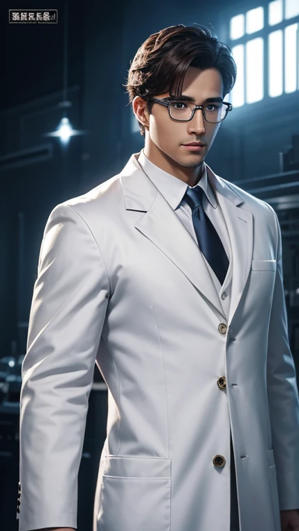 handsome hero with glasses、white coat worn by scientists、alone、There are also researchers、There are scientists、graduate school、Upper body、highest quality、masterpiece、ultra high resolution、(Photoreal:1.4)、game poster
