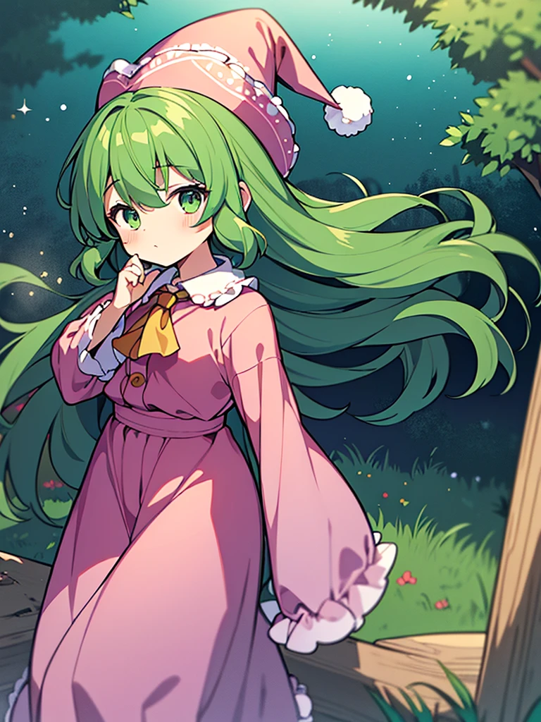 masterpiece, best quality, 1girl, little girl, child, 10 years old, kazami yuuka (pc-98), solo, green hair, long hair, pink nightcap, pink santa hat, green eyes, kazami yuuka, long sleeves, red ribbon, pink negligee, sleepy eyes, one piece clothing, touhou, pajamas, pink nightgown, fluffy hair, hair over one eye, wavy hair, long skirt,