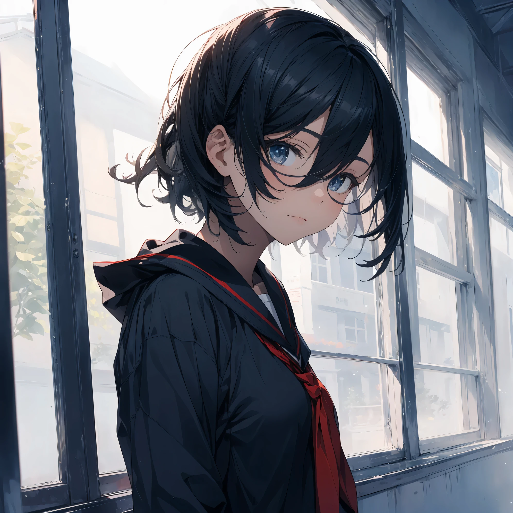 Super high quality by the art god, super detailed, High resolution, gwai's style, anime moe art style, best anime 8k konachan wallpaper, pixiv contest winner, perfect anatomy, break,(校舎をalone歩いている女の子の絵を描いてください.),break, surreal high school girl, (alone,loli face,15 years old:1.3),All limbs, full finger,high school student, Feminine charm, ((wearing glasses,very short hair)),flat and soft chest, small ass, between legs, small eyes,beautiful detailed black eyes, Well-proportioned iris and pupils, High resolutionの詳細な髪, ((sailor suit)),Inside the school,break,super dense skin,Best lighting by famous artists, 8K,figure.