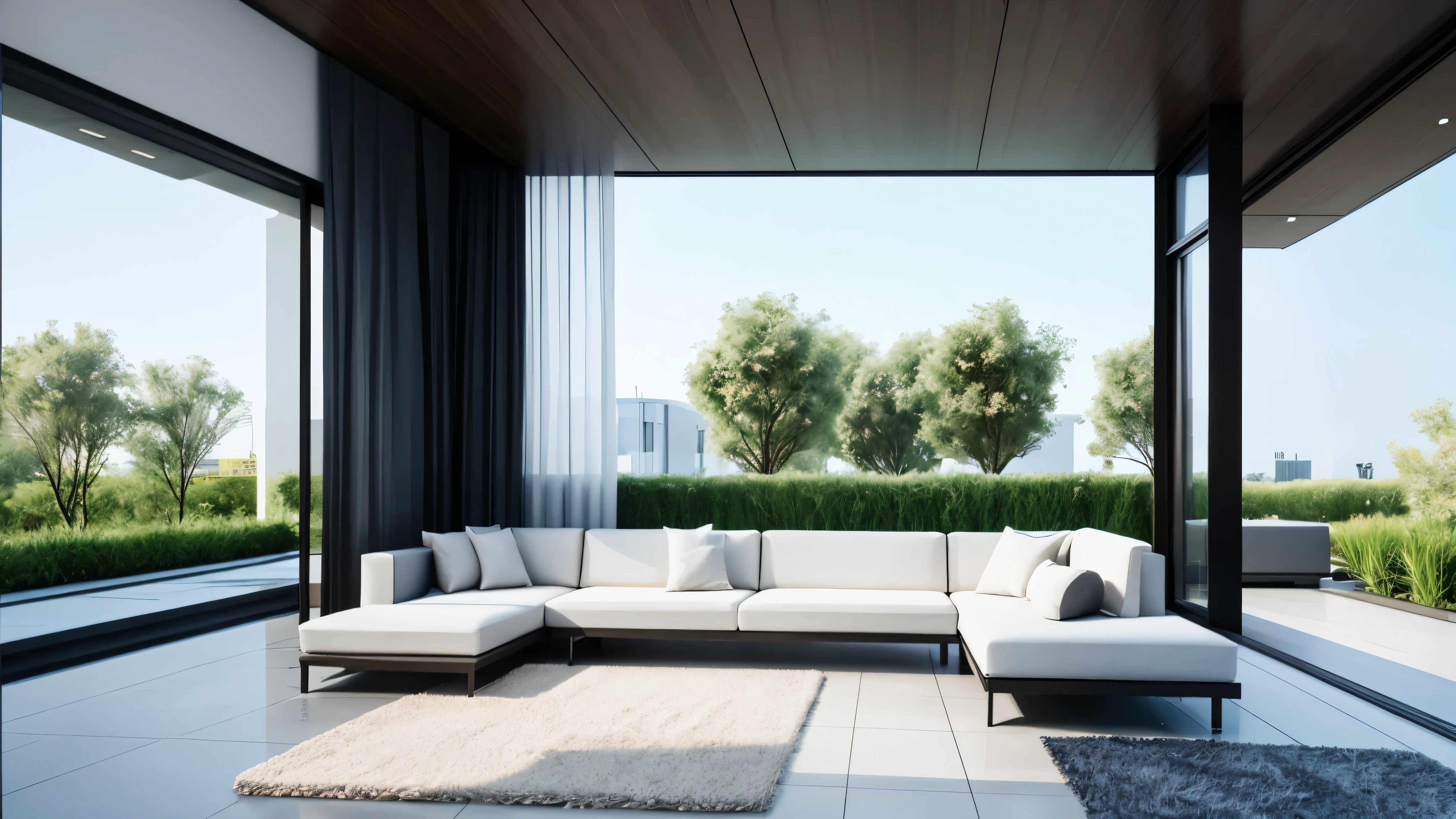 You are a famous interior designer、You have been asked to create a 3D image of a modern large room. Create a harmonious environment with modern and minimalist furniture. Including garden interior.