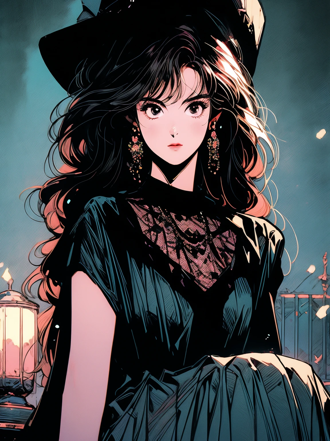 tall, mysterious girl, wide brimmed hat, lace minidress, black cloak, sitting, casting a spell, cauldron, AR 9:16, stylize 950, Niji, (best quality:1.2), ultra-detailed, realistic:1.37, HDR, UHD, studio lighting, bokeh, portraits, vivid colors, cool tones, soft lighting, 90s anime style 