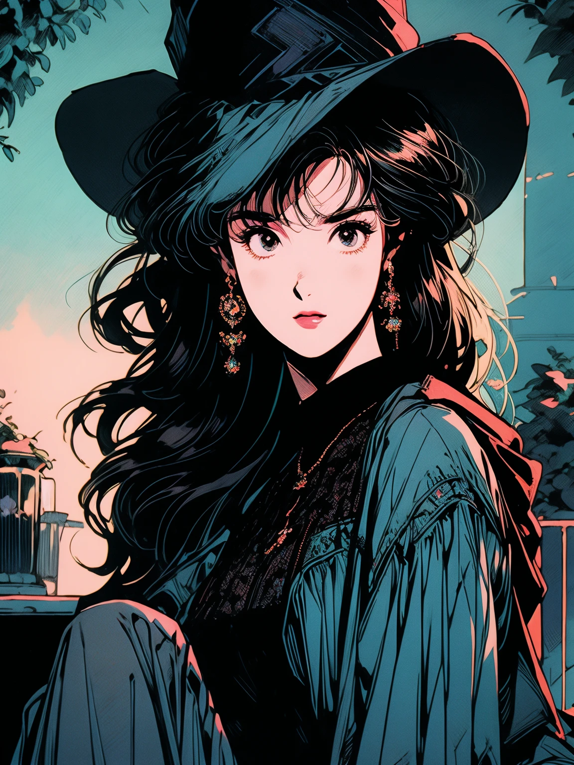 tall, mysterious girl, wide brimmed hat, lace minidress, black cloak, sitting, casting a spell, cauldron, AR 9:16, stylize 950, Niji, (best quality:1.2), ultra-detailed, realistic:1.37, HDR, UHD, studio lighting, bokeh, portraits, vivid colors, cool tones, soft lighting, 90s anime style 