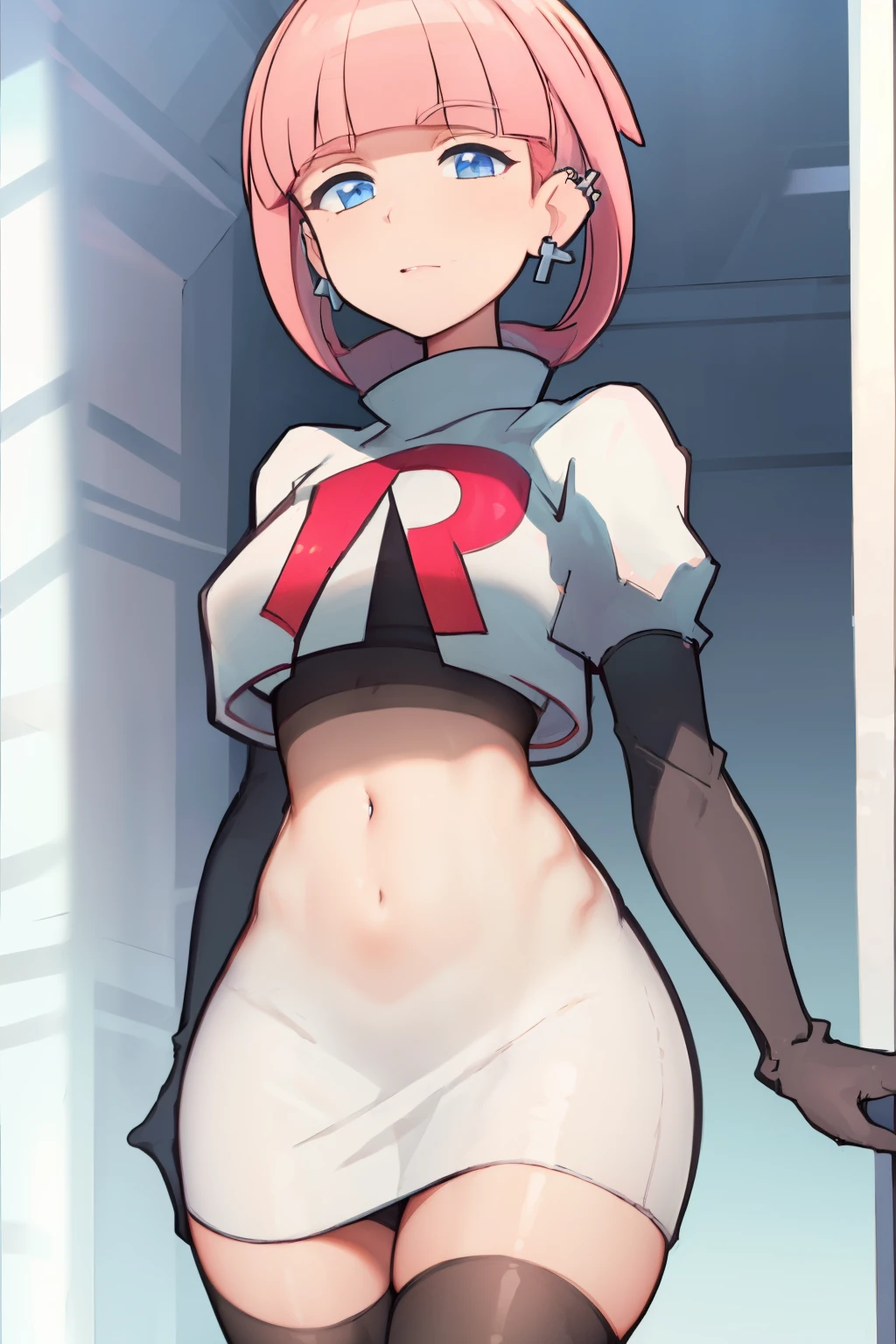 (extremely detailed CG), (best quality), perfect face, shiny skin, lustrous skin, 1girl,solo   narrow waist,  wide hips, mollie, pink hair, bangs, blunt bangs, earrings, jewelry, blue eyes, short hair, piercing,ear piercing, hairband,team rocket,team rocket uniform,white skirt,red letter R,crop top,black thigh-highs,black elbow gloves,