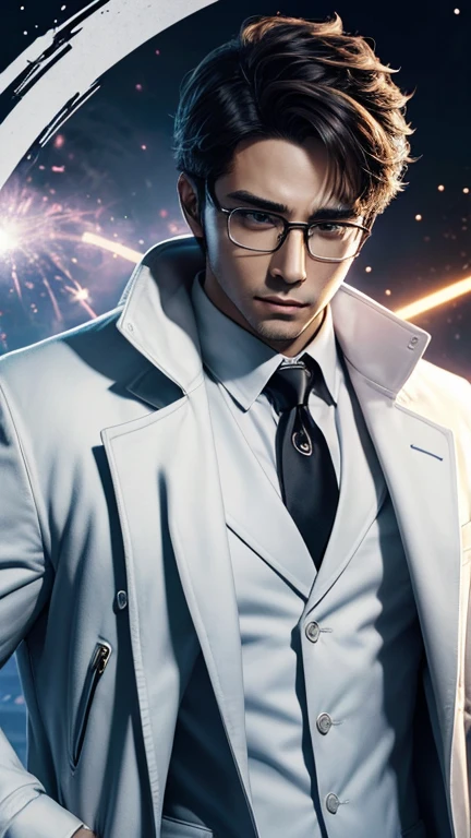 handsome hero with glasses、white coat worn by scientists、alone、There are also researchers、There are scientists、graduate school、Upper body、highest quality、masterpiece、ultra high resolution、(Photoreal:1.4)、game poster