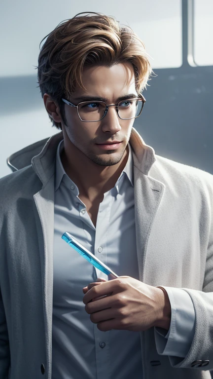 handsome hero with glasses、white coat worn by scientists、alone、There are also researchers、There are scientists、graduate school、Upper body、highest quality、masterpiece、ultra high resolution、(Photoreal:1.4)、game poster