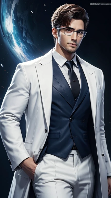 handsome hero with glasses、white coat worn by scientists、alone、There are also researchers、There are scientists、graduate school、Upper body、highest quality、masterpiece、ultra high resolution、(Photoreal:1.4)、game poster