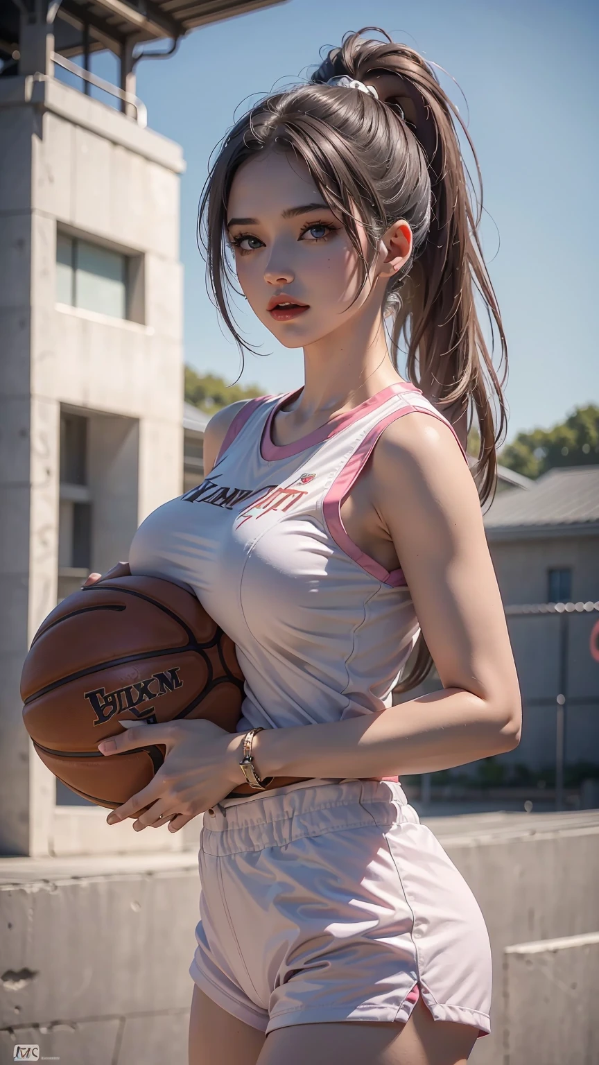 （RAW photos，4 k，A Masterpiece，Highretremely intricaifelike：1 girl.4 pcs），Cinematic lighting Delicate girl with facial features，The chest  extra-big
1 girl Girl， Single focus， summer noon， Hot， Pink basketball jersey gym 1 girl 990s\（stylized\），White and tender skin，The chest  extra-suk ，short pants，perspire，(Bestquality), (Highres), (an extremely delicate and beautiful),,(Beautiful 8k face),(brown eye),(Ulzzang-6500:1 girl.0),(solo),(lookside),(Viewer),(large breast),(NBA),it's over,,lookside,(side), ,(Basketball sportswear),((Play basketball)),((gymnasium)),((speed)),(reality),