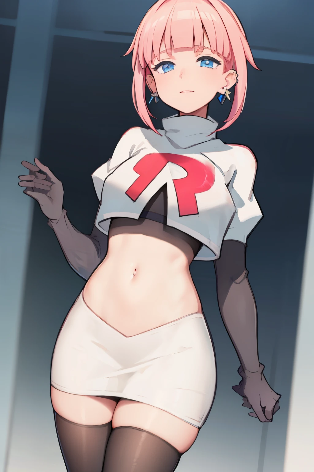 (extremely detailed CG), (best quality), perfect face, shiny skin, lustrous skin, 1girl,solo narrow waist, wide hips, mollie, pink hair, bangs, blunt bangs, earrings, jewelry, blue eyes, short hair, piercing,ear piercing, hairband,team rocket,team rocket uniform,white skirt,red letter R,crop top,black thigh-highs,black elbow gloves,