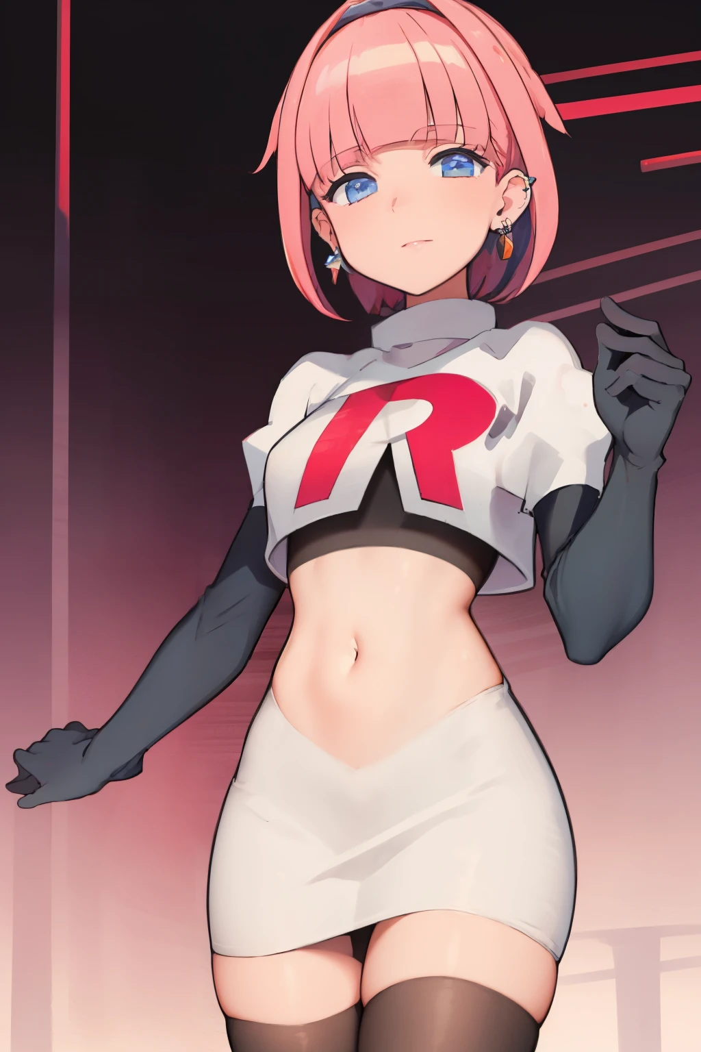 (extremely detailed CG), (best quality), perfect face, shiny skin, lustrous skin, 1girl,solo   narrow waist,  wide hips, mollie, pink hair, bangs, blunt bangs, earrings, jewelry, blue eyes, short hair, piercing,ear piercing, hairband,team rocket,team rocket uniform,white skirt,red letter R,crop top,black thigh-highs,black elbow gloves,