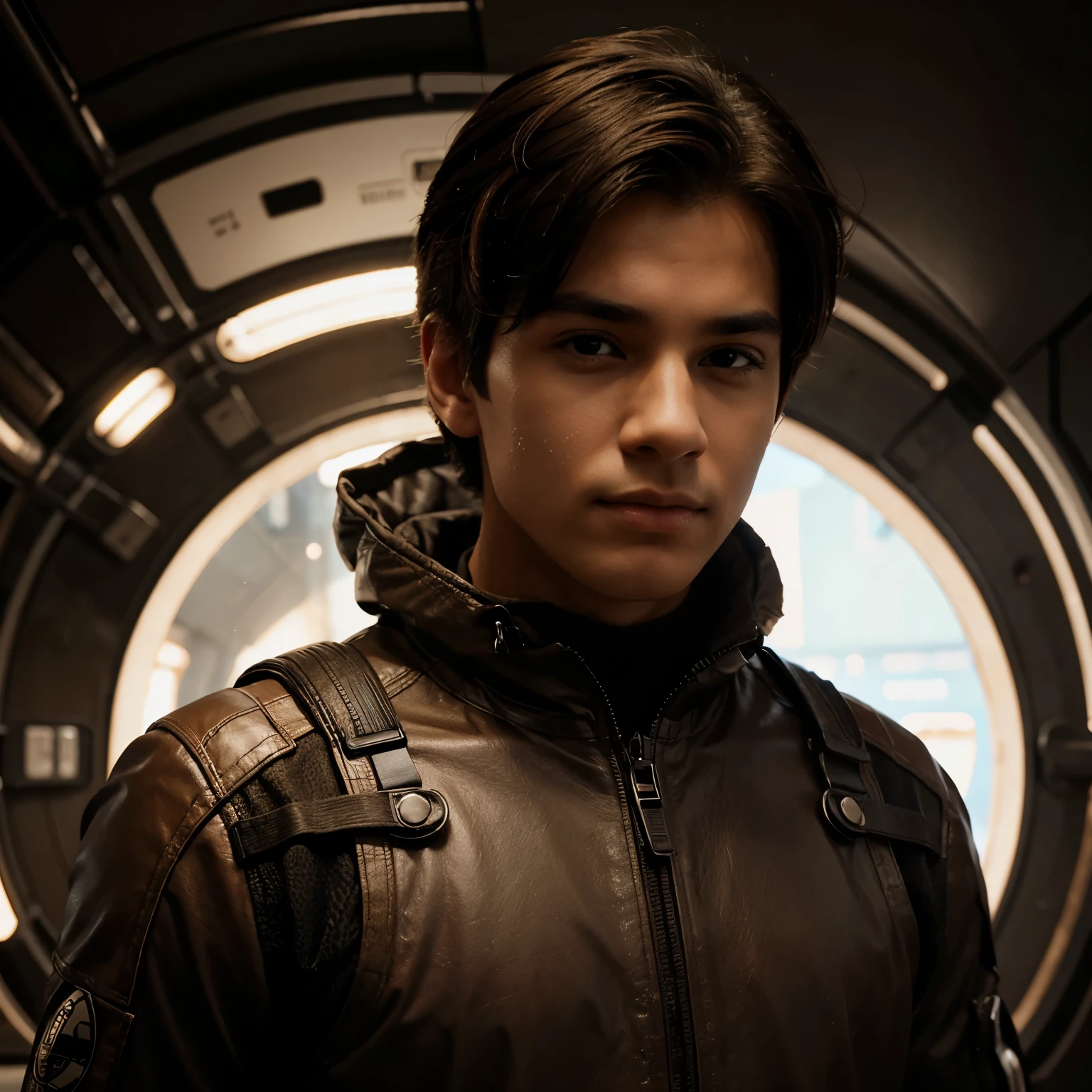 A boy with coffee futuristic background realistic face